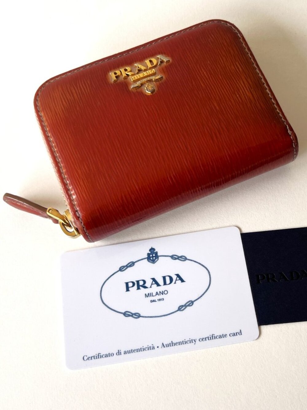PRADA Women's Brown Calf Leather Zip-Around Coin Purse Wallet 1MM268 Authentic